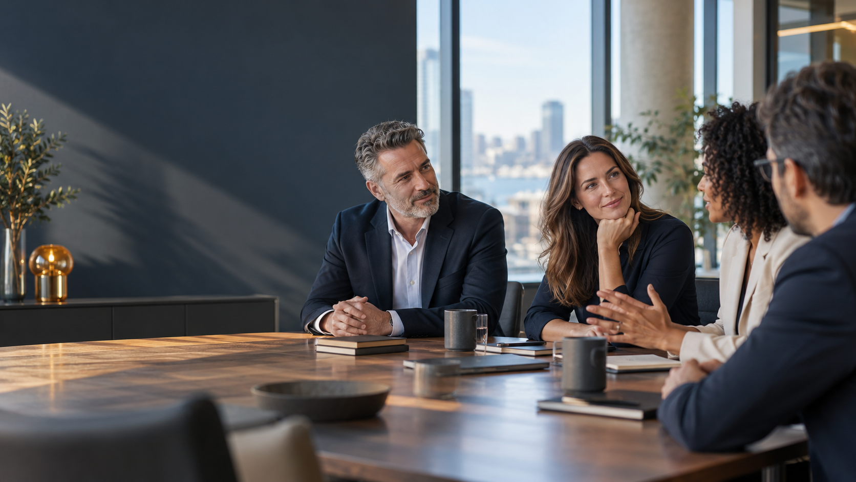 Customer-facing professionals in a thoughtful team conversation